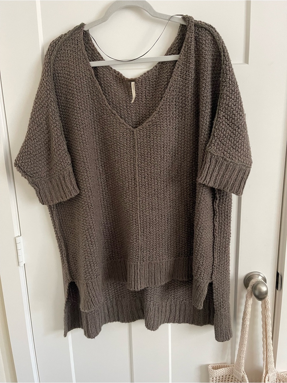 Free People Chunky V-Neck Sweater in Taupe